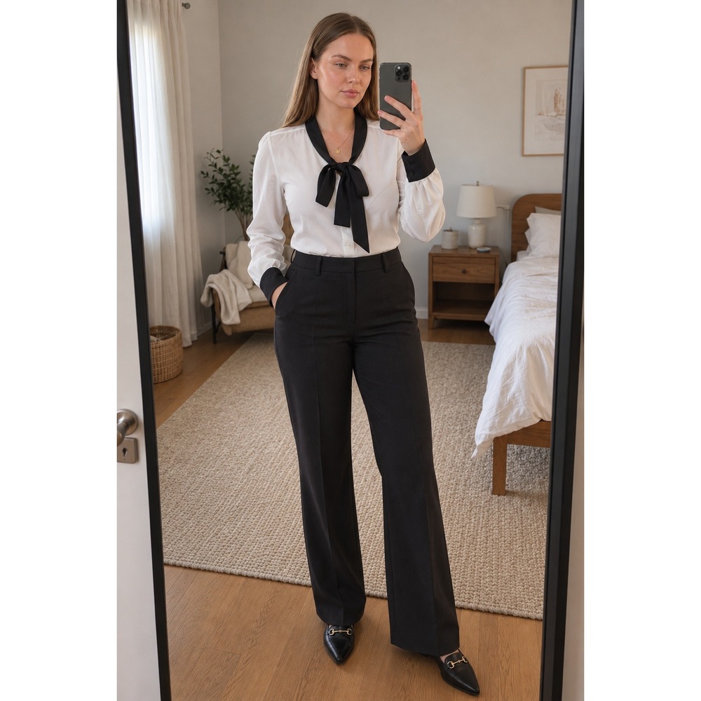 Karl Lagerfeld Womens Blouse L White Tie Neck Rhinestone Career Preppy Parisian